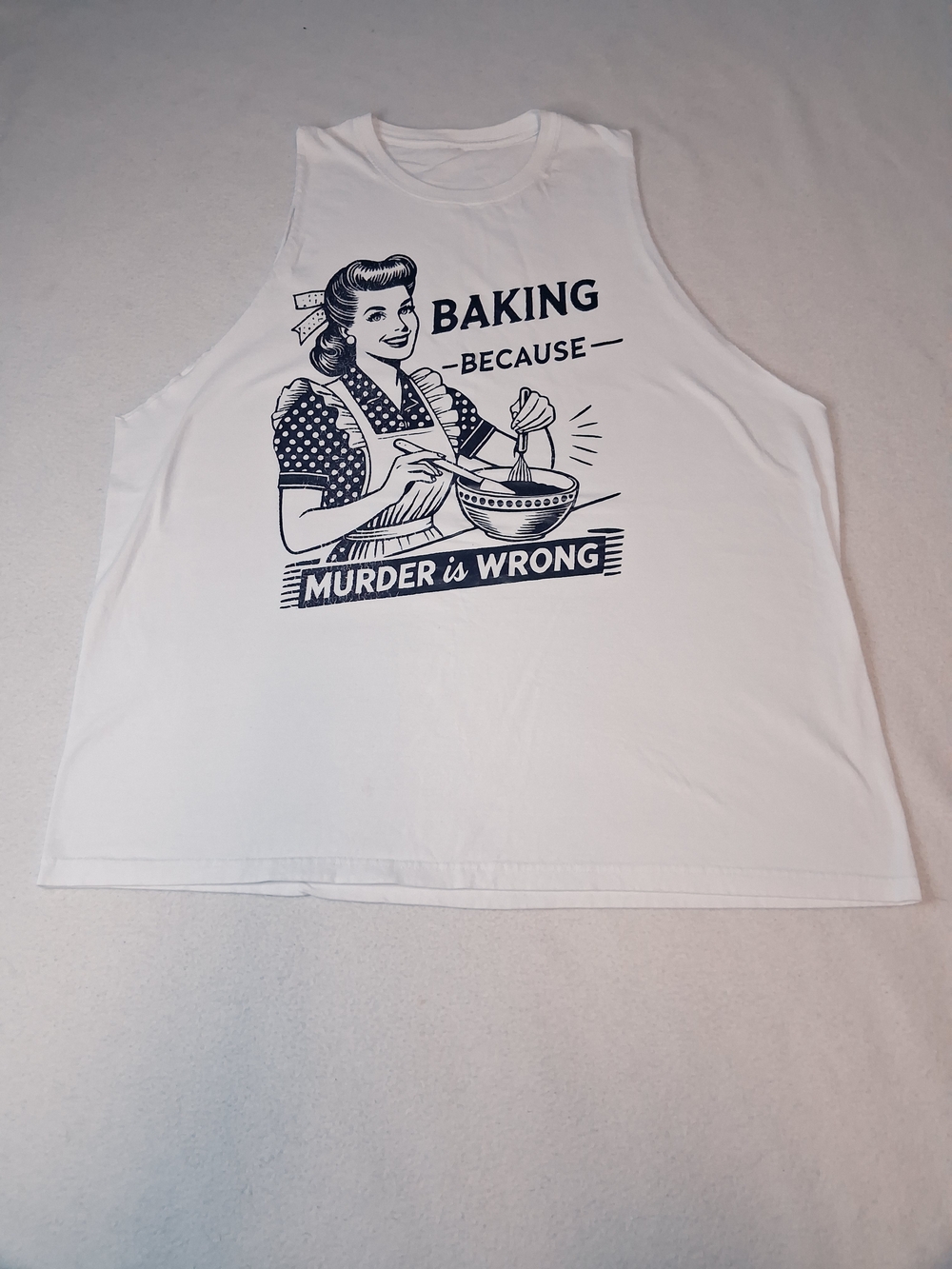 Retro Graphic White Tank Top with Navy Baking Print - Picture 2 of 3